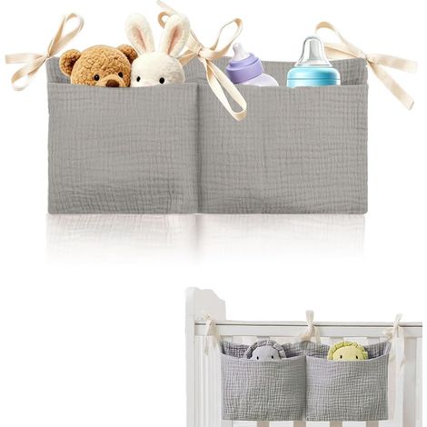 Sac de Rangement Suspendu pour Lit Organisateur Coton Gris avec Poche Table à Langer, Pochette Lit Bébé et Rangement Cododo pour Vêtements Couches Jouets Accessoires Bébé (1/5)