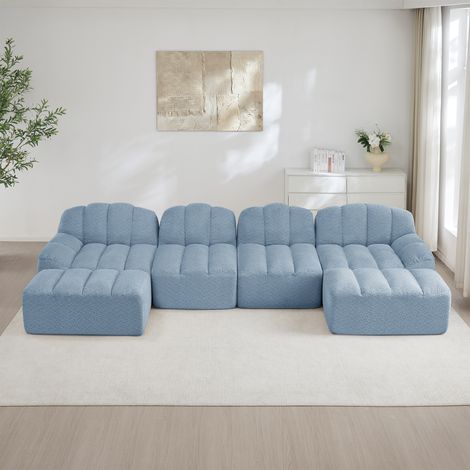 Canapé modulaire 4 places, Canapé d'angle en L sans cadre, forme de coque, 2 pouf, coussins d'assise profonds, aucun assemblage requis, velours, Bleu (1/5)