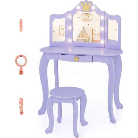 Set da toeletta per bambini 80 x 40 x 106 cm con specchio pieghevole illuminato e pratico cassetto in MDF viola 200017142