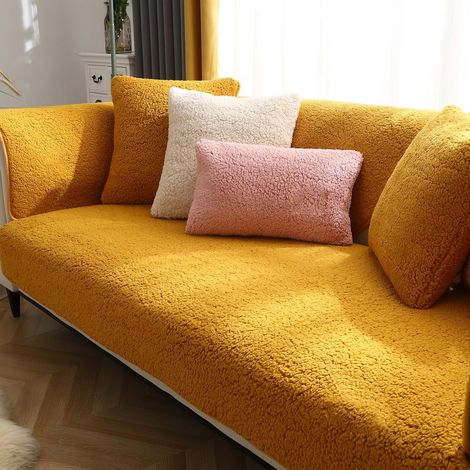 Thick L-Shaped Sofa Cover for 1/2/3/4 Seater Sofas, Protective Sofa Cover, Universal Non-Slip Faux Fur Sofa Cover for Living Room (Yellow Sherpa, 45 45cm) (1/5)