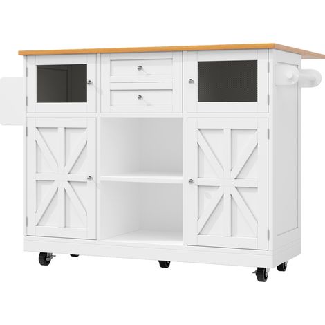 Isola da cucina bianca in MDF con piano ribaltabile, ruote e portasciugamani (1/5)
