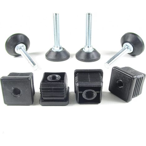 Verstellbare Nivellierfüße – 4er-Set – Verzinkter Stahl und Kunststoff – M10-Gewinde für 25x25-mm-Vierkantrohre – Ideal für Werkstattmöbel – Schwarz (1/5)