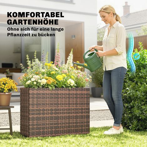 Jardinière surélevée à pieds ajustables, en rotin avec bac amovible, pour terrasse et balcon, couleur marron (1/4)