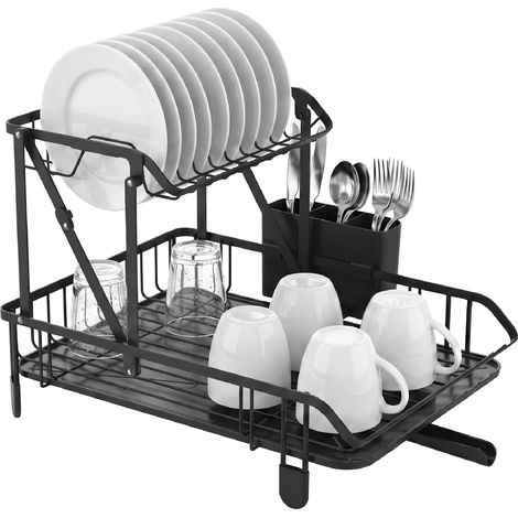 Égouttoir Pliable à 2 Niveaux - 44 x 32 x 31,6 cm - Acier et Polypropylène - Couleur Noire - Égouttoir avec Plateau, Évacuation et Support pour Couverts - Gain de Place (1/5)