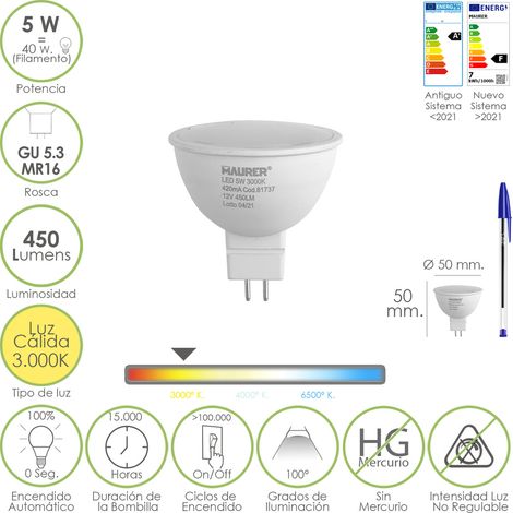 Bombilla Led Dicroica Rosca GU 5.3 / MR16. 5 Watt. Equivale A 40 Watt. 405 Lumenes. Luz Cálida (3000º K.)