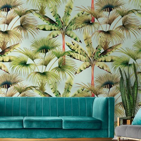 Fototapete Profhome 391831 heißgeprägte Vliestapete glatt mit Dschungel-Design matt blau gras-grün rot-braun pastell-türkis 1,59 m x 2,8 m