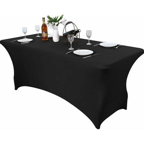 Housse pour mobilier de jardin Nappes de table noires pour tables de 6 pieds - Nappes rectangulaires ajustées résistantes aux plis en élasthanne extensible pour fêtes, mariages et banquets (1/5)