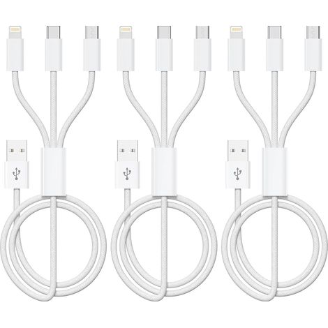 Câble Chargeur Multi Embout Cable Multi Chargeur[1.2M/Lot de 3]  Cable USB vers USB C/USB vers Lightning/USB vers Micro pour 15/14, S24/S23, Pad Pro et Mini (1/5)