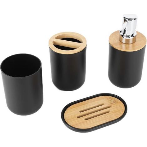 Ensemble d\'accessoires de salle de bain - SALUTUYA - 4 pcs - Bambou - Étanche - Noir (1/4)