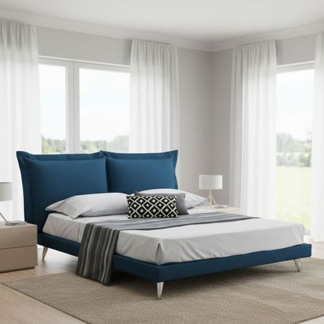 Dmora - Cama matrimonial Dgiraud, Cama fija en tela con pies, 100% Made in Italy, adecuado para colchón 160x190 cm, Azul (1/4)