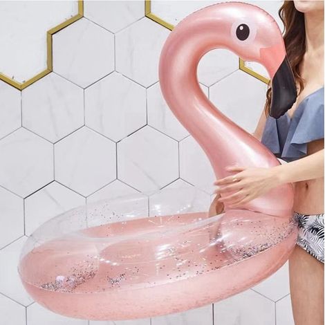 Bouée De Sauvetage Gonflable Flamingo Rose Pailleté Sea Donut Diamètre 90 Cm