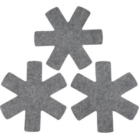 Un ensemble de tapis de protection/isolation thermique en feutre antiadhésif gris pour poêles comprend : 3 tapis d’isolation thermique de 38 cm