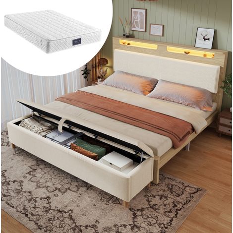 Cama doble con banco de almacenaje (165x253x110 cm), cabecero con LED, madera, pana beige y color roble (1/5)