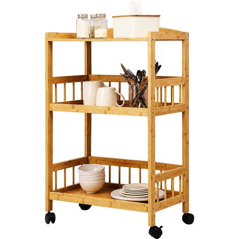 Carrello da servizio Relaxdays in bambù, 80 x 53 x 30 cm, 3 ripiani, ruote girevoli, per cucina e soggiorno, naturale (1/5)