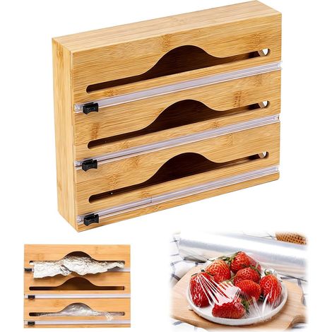 3 en 1 Coupe Film Distributeur de Film Alimentaire, Distributeur Film Alimentaire et Papier Aluminium, Rangement Papier Alu Film Alimentaire pour Organisateur d'emballage de Cuisine en Bambou (1/5)