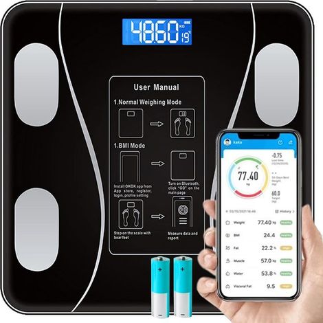 1 balance de graisse corporelle, Bluetooth + écran LCD rétroéclairé, balance IMC 17 fonctions pour suivi santé à domicile