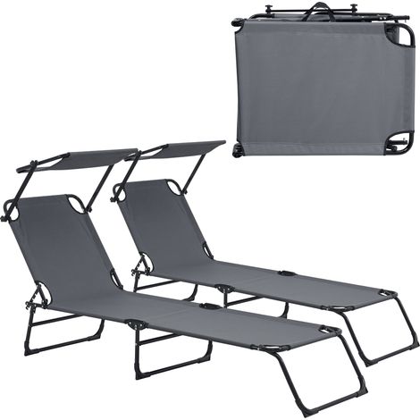 Juego de dos tumbonas plegables con techo de acero parasol relax 190 cm gris oscuro 030004512