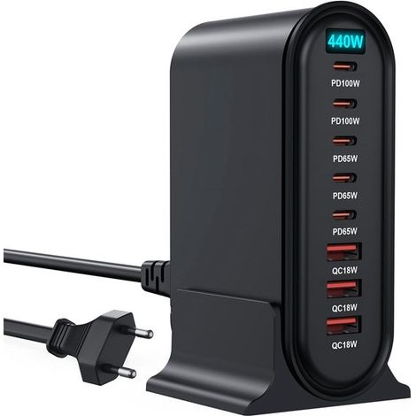 Potente caricabatterie rapido GaN a 8 porte USB-C da 440 W e stazione di ricarica multi-dispositivo.
