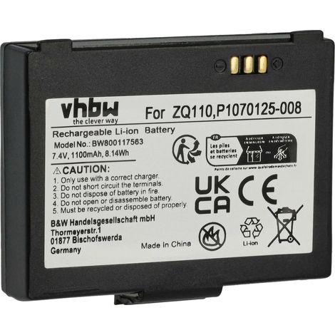 vhbw Batterie compatible avec Zebra ZQ110, ZQ220, ZR128 scanner de code-barre POS (1100mAh, 7,4V, Li-ion)