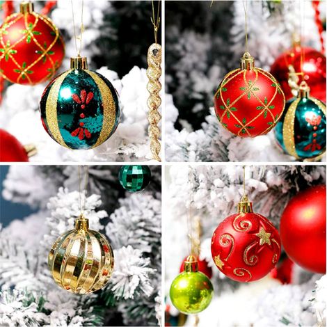 Set aus 30 6 cm großen, mehrfarbigen, bemalten und galvanisierten Weihnachtskugeln aus Kunststoff, Dekoration für den Weihnachtsbaum, rot-grün-goldenes Modell. (1/5)