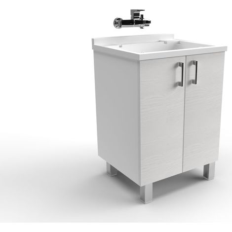 Mama Store ATENALAV Mobile Lavatoio-Lavapanni Metacrilato con ASSE in Legno e gocciolatoio in Alluminio, L.60 x P.50 X H. 86 cm, ingegnerizzato, Bianco Opaco/Bianco Artico
