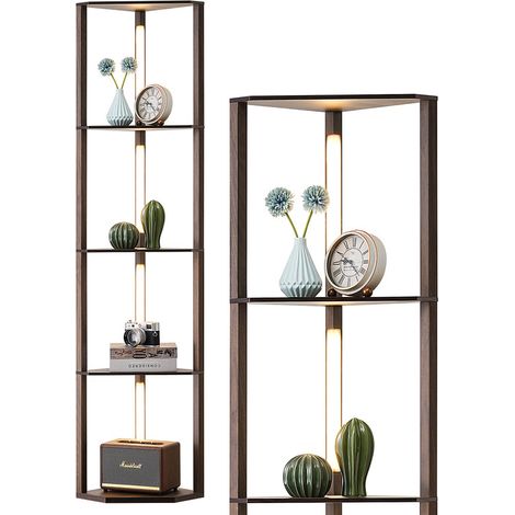 EDISHINE Lampara de Pie con Estantes, Lampara Salon regulable de 4 capas de madera, Postes Giratorios 360°, Temperatura de 3 Colores, Lámparas de pie esquina, Decoracion Hogar Vintage