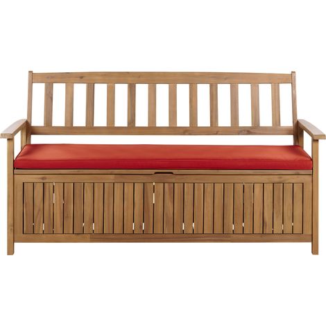 Banco de jardín con almacenaje de madera maciza de acacia rústico 120 cm con cojín rojo Sovana