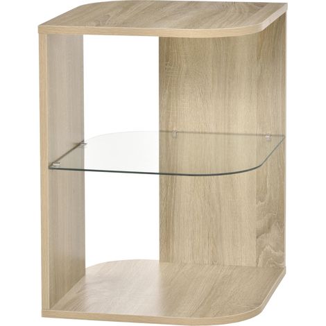 HOMCOM Table d'Appoint Guéridon Design Contemporain Bout de Canapé étagère Verre trempé Bois naturel