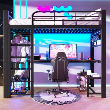 Lit mezzanine noir métal 90x200 lumière LED étagères bureau bois étendoir matelas pas fourni chambre intérieur (1/5)