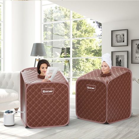 Sauna vapeur portable marron avec siège, 9 niveaux de température, télécommande et rouleaux de massage pour maison et salle de bain (1/5)