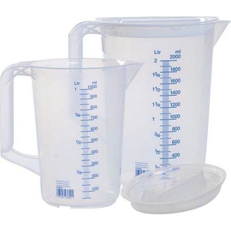 Ensemble de pichets doseurs : 1 x 1000 ml, 1 x 2000 ml, polypropylène transparent, diamètre x hauteur, poignée fermée