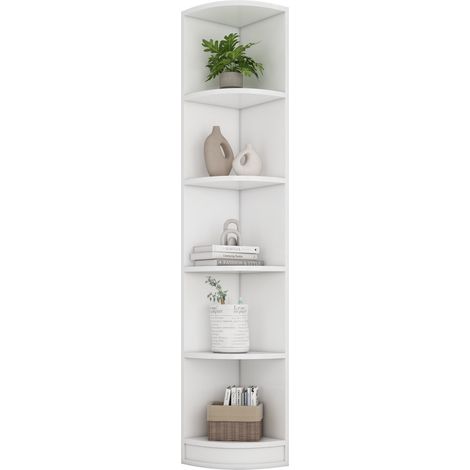 Colonne de salle de bain-Étagère d'angle 5 niveaux-MDF blanc-Range-toilettes-Charge élevée-42x30x180(cm) (1/5)