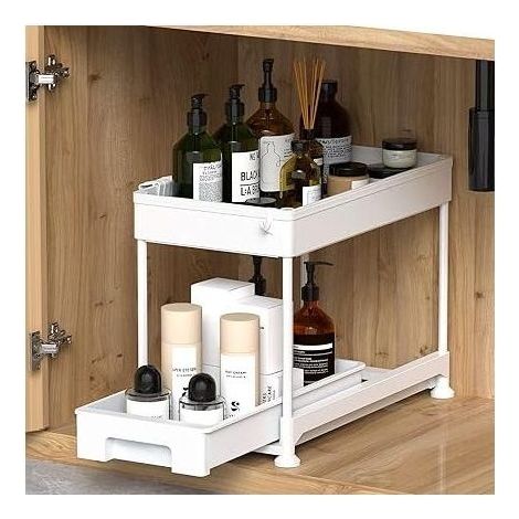 Ronlap Rangement sous Évier Cuisine à 2 Niveaux avec Tiroir Coulissante, étagère de rangement multifonction avec crochets pour cuisine, salle de bain, buanderie, blanc (1/5)