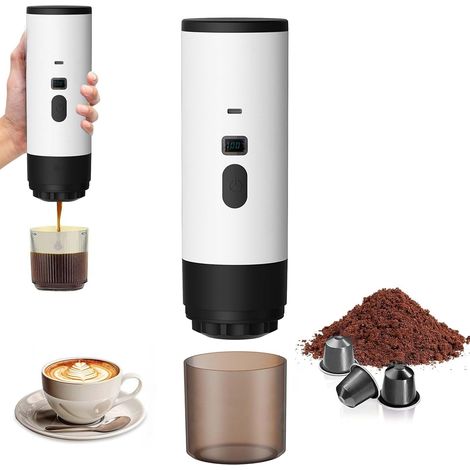 Cafetera portátil 3 en 1 con calefacción eléctrica, recargable de 12 V, para oficina, viajes y hogar, compatible con cápsulas de espresso y café molido (blanca) (1/5)