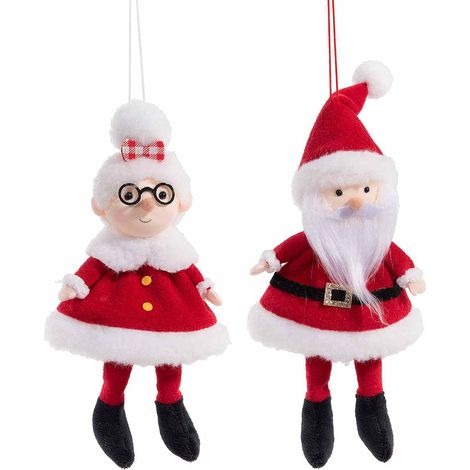 Addobbi da appendere all'albero di Natale a Mamma e Babbo Natale con gambelunghe e abito in panno, set da 6 pezzi, Babbo: cm 22 H(capp.esteso)