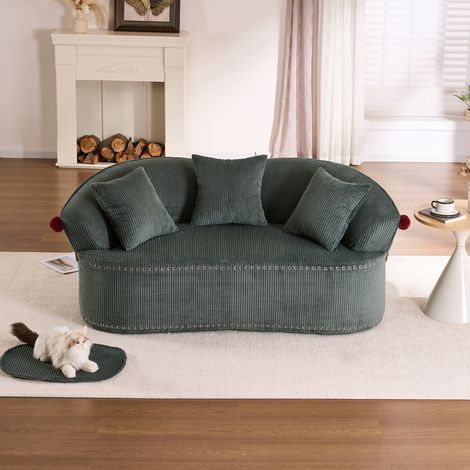 Divano curvo 2 posti 163x93x68 cm in velluto a coste verde con cuscini FloraGrace (1/5)
