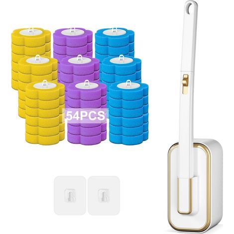 Brosse de Toilette Jetable, Suspendu Brosse WC Jetable avec 54 Têtes de Rechange et Supports Balai Toilettes, Brosse de Nettoyage des Toilettes Mural pour Salle de Bain, WC, Lavabo,Baignoire (1/5)