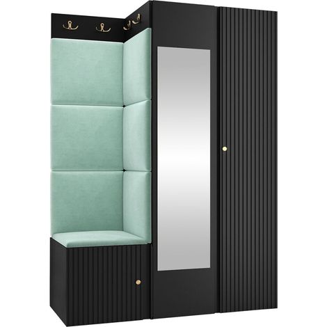 Meuble d'entrée Hartford 388, Noir, 186x116x46cm, Disponible, MDF, Stratifié, Tissu, Murale, À poser