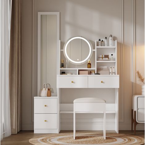 Tocador 4-en-1 109x36x164 Cm Blanco — Espejo LED Tricolor, Espejo Giratorio 360° Y Almacenaje (1/5)