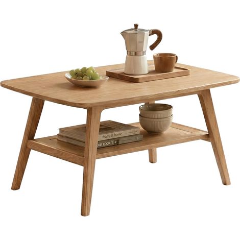 Table basse en chêne massif avec étagère - 120 x 56 x 44 cm - Naturel (1/5)