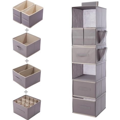 M.J COMFY-LIFE 6-Shelf Hanging Closet Organizer with Drawers and Side Pockets Fabric Wardrobe Storage for Clothes, Socks, and Accessories (Grey) (1/5)