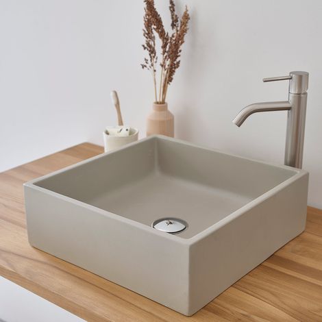 Berah Getah – Vasque à poser rectangulaire en béton gris clair 37 cm – Hauteur 12,5 cm – Percée pour évacuation 4,5 cm – Pour salle de bain moderne