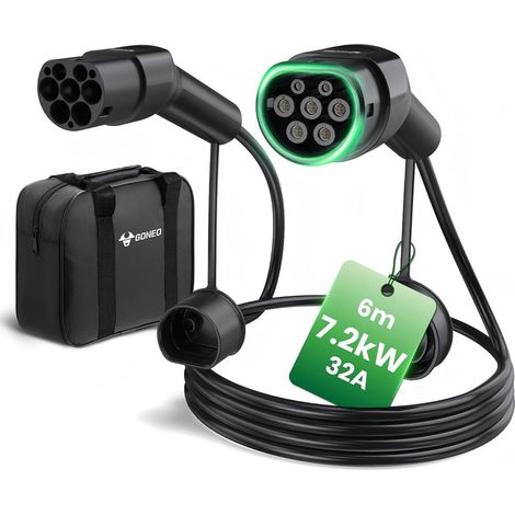 Type 2 Câble de Recharge Voiture Électrique 7,2kW 32A 6 Mètres, Câble de Recharge Rapide Mode 3, Étanche IP54 avec Sac De Rangement, Compatible avec Volkswagen et Plus (1/5)