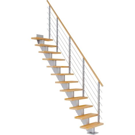 Dolle Mittelholmtreppe Frankfurt Gerade Buche, geölt 65 cm breit für Geschosshöhen 259 – 301 cm UK Metall Perlgrau inkl. einseitigem Designgeländer