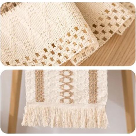 Chemin de table, patchwork de coton et de lin avec pompons, longue bande de tissu pour fêtes, mariages et banquets, bicolore, chemin de lit, 30180cm, composé de trois fines cordes de chanvre. (1/5)
