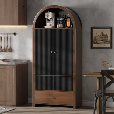 Buffet haute arche 180 cm, meuble de rangement pour cuisine, avec étagères, 2 portes 2 tiroirs et dessus ouvert, style rustique, noyer et noir