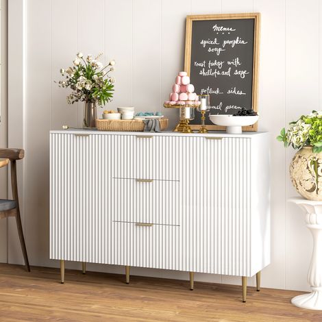Buffet moderne avec 3 tiroirs, 2 placards et étagères réglables, bois et métal, blanc. (1/5)