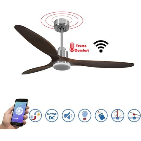 Tenerife  - Super destratificateur et ventilateur DC 166 cm  Chrome avec lumière pales bois sombre 30 à 60 m²