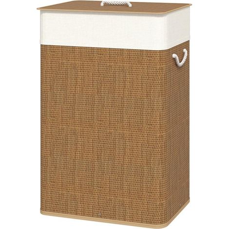 Panier à linge en bambou avec couvercle, 72 L, poignées en corde, sac à linge amovible, panier à linge, trieur de linge pour buanderie, chambre, salle de bain, marron (1/5)