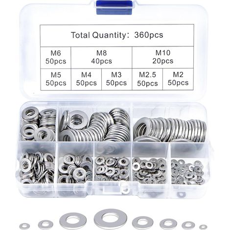360 Pièces Rondelles Metal Rondelles Inox, Rondelles Plates en Acier Inoxydable avec Boîte de Rangement, Rondelles pour Vis, écrous et Tiges Filetées (M2, M2,5, M3, M4, M5, M6, M8, M10) (1/5)